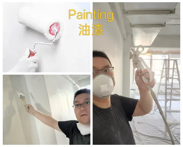 Handyman brushing and spray painting interior walls in protective mask
